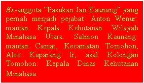 Text Box: Ex-anggota Pasukan Jan Kaunang yang pernah menjadi pejabat: Anton Wenur: mantan Kepala Kehutanan Wilayah Minahasa Utara. Salmon Kaunang: mantan Camat, Kecamatan Tomohon,  Alex Kaparang Ir, asal Kolongan Tomohon: Kepala Dinas Kehutanan Minahasa. 